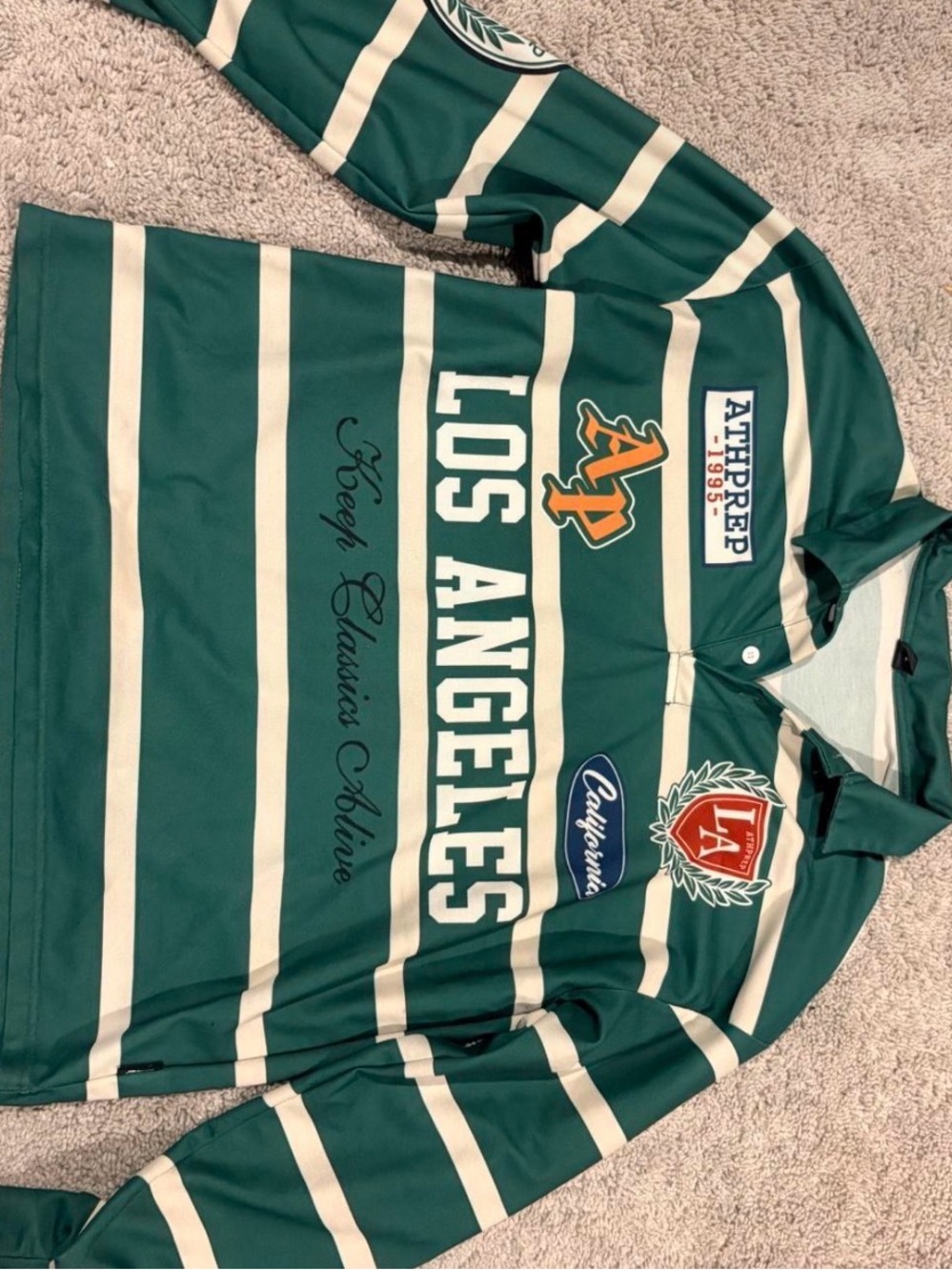 Athprep Los Angeles Green and White Striped Long Sleeve Polo
